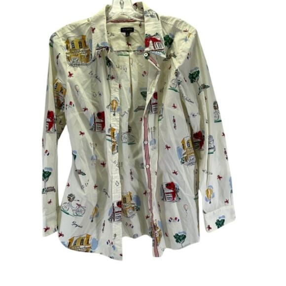 Women’s L Talbots Scenic France Classic Cotton Shirt Paris Print Button Up L - Picture 2 of 5